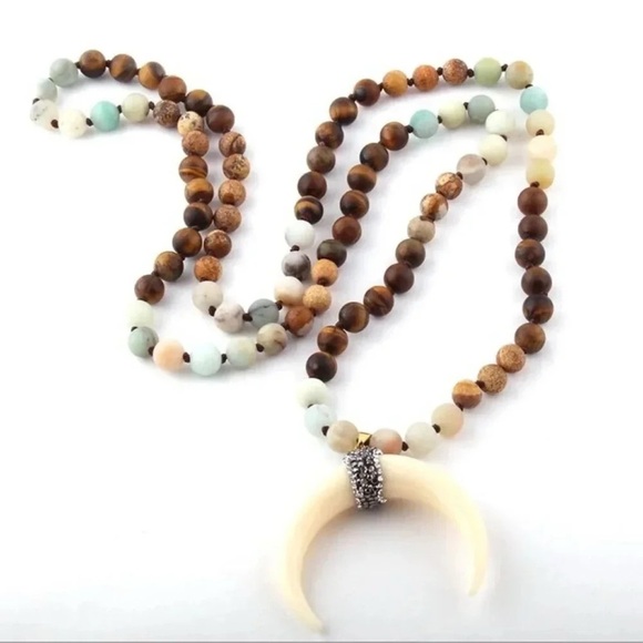 Anthropologie Moon Artisan Ox Horn Pendant Natural Stone Necklace - Picture 1 of 8